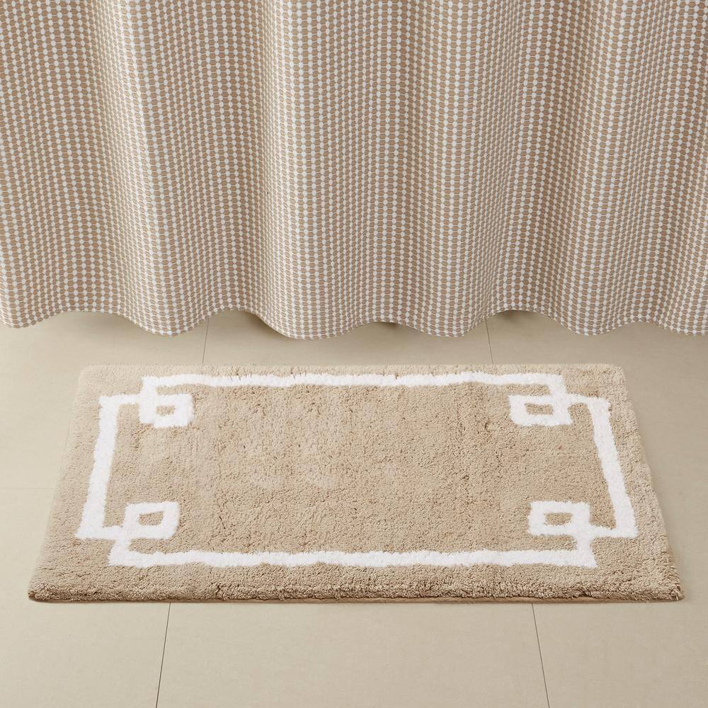 Beige Cotton Tufted Geometric Border Bath Rug