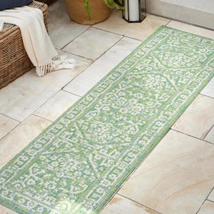 Malta Cream/Green 2 ft. x 8 ft. Bohemian Medallion Textured Weave Indoor/Outdoor Area Rug