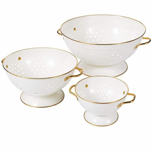 3-Piece Sturdy Metal Colander Set / Wide Base, Standard Mesh, Kitchen Essential Strainer Set, 1 and 3.5 and 5 Qt, Cream