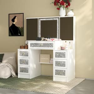 White Makeup Vanity Desk Dressing Table With 3 Mirrors, Crystal Finish, Hidden Storage Shelves, LED Lighted, 7 Drawers