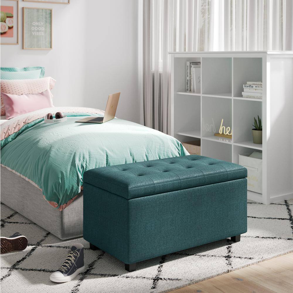 Teal Tufted Polyester Storage Footstool Ottoman