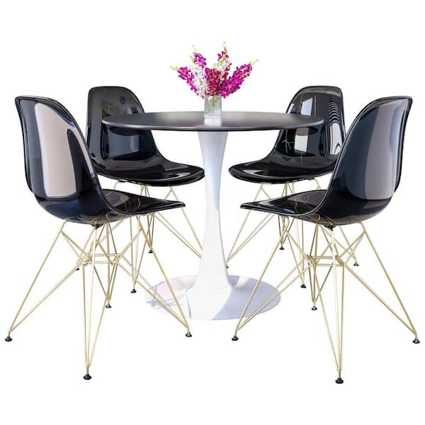 Leisuremod 5-Piece Dining Set 35 in. Round Dining Table White Base with 4 Plastic Side Chair with Gold Base in Transparent Black