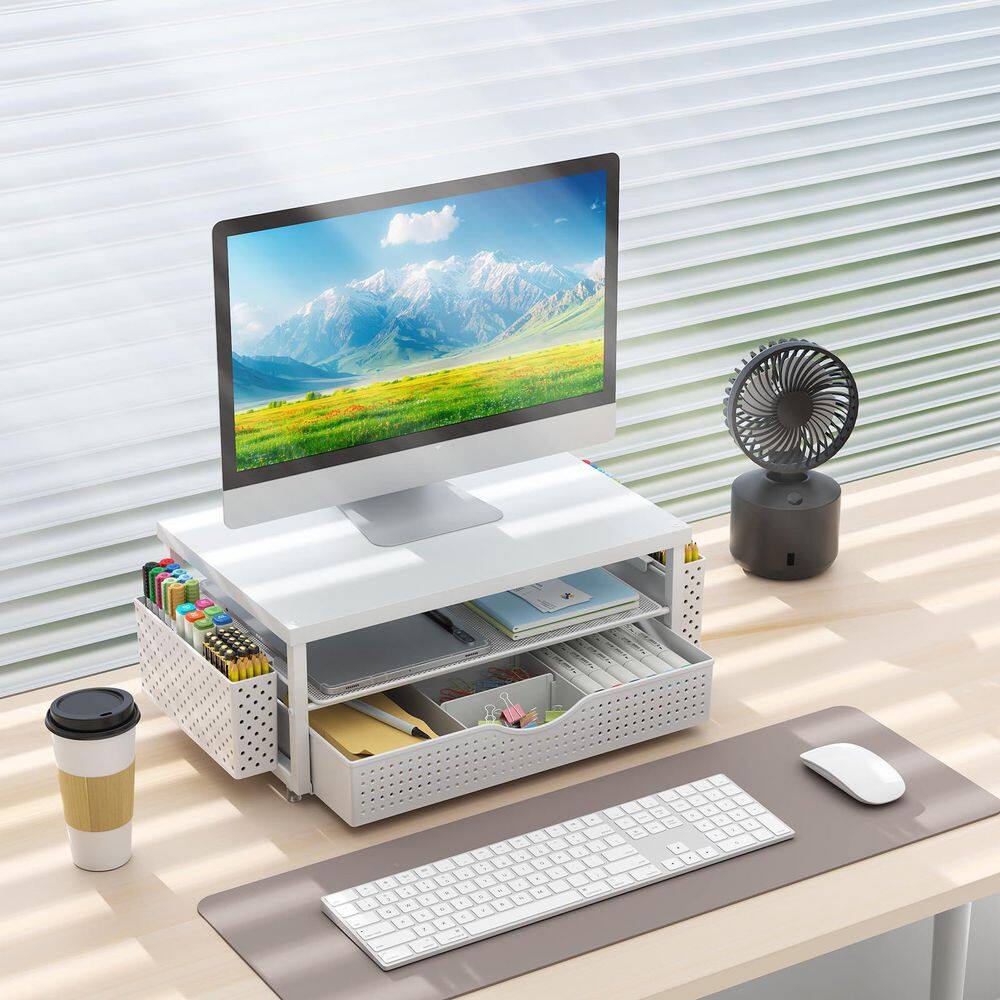 14.1 x 5.9 in. Matte White Alloy Steel Desktop Organizer and with Drawer and 2 Pen Holders, Decorative Stand