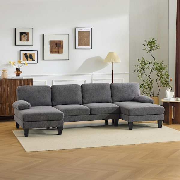 Short Chaise Collection 111.4 in. Pillow Top Arm 3-Piece Chenille Sectional Sofa in. Gray