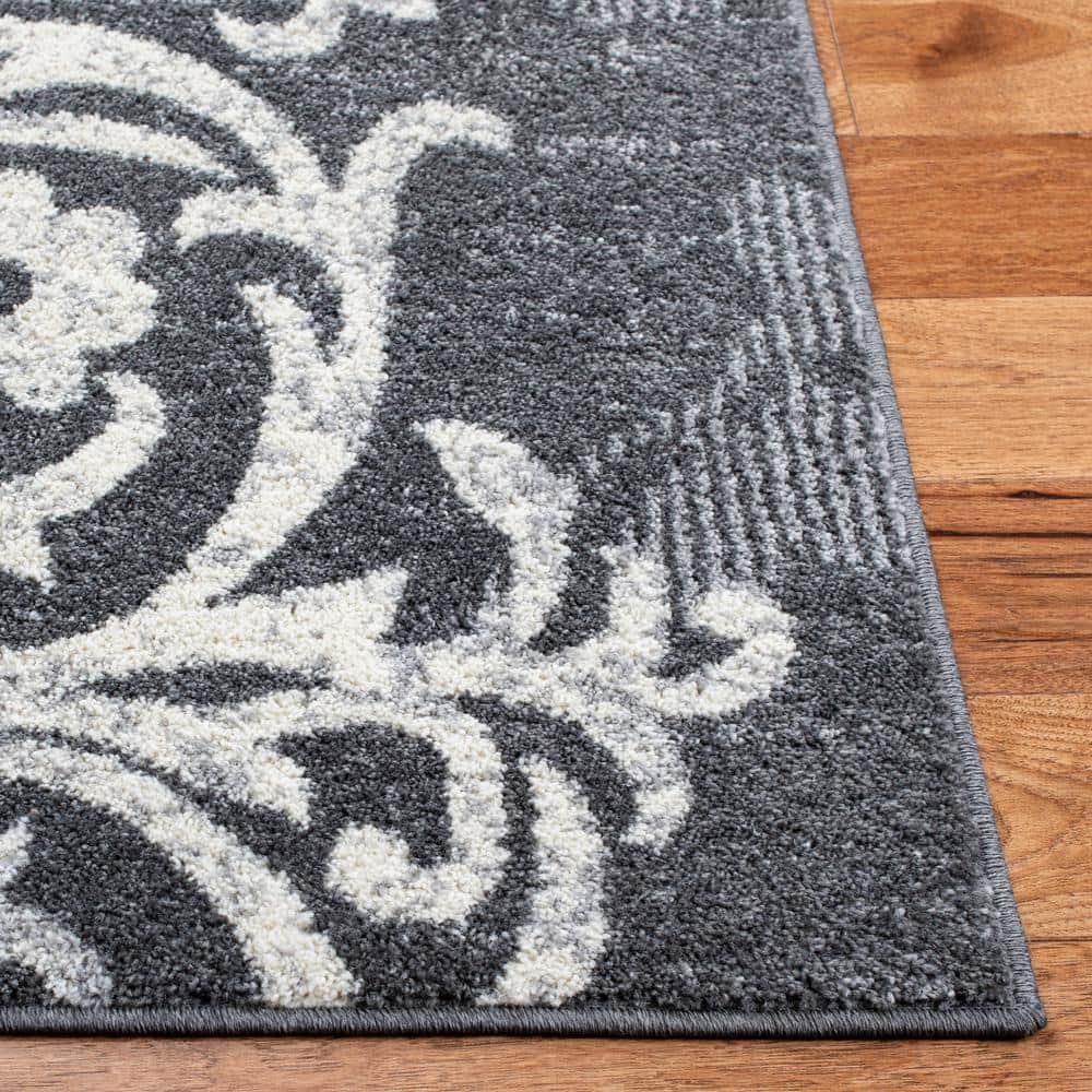 Charcoal and Ivory Floral High Pile Runner Rug