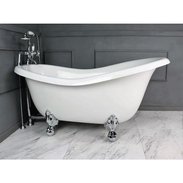 American Bath Factory 67 in. AcraStone Acrylic Slipper Clawfoot Non-Whirlpool Bathtub in White with Large Ball in Claw Feet Faucet in Chrome