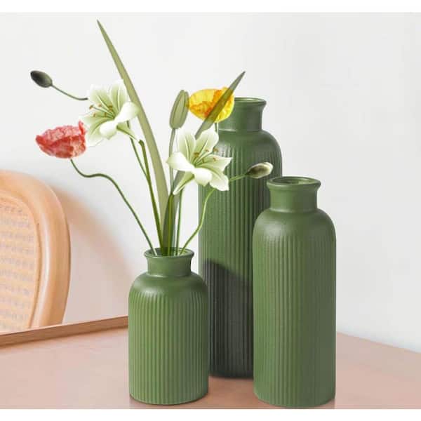 10 in. Sage Green Ceramic Round Vase (Set of 3), Boho Modern Flower Vase Room Decor YA114