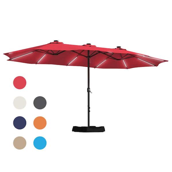Mondawe 15 ft. Patio Solar Market Umbrella Double-Sided Outdoor Umbrella with Base and Detachable Light Strip in Red