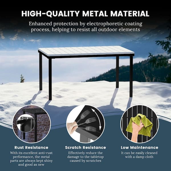 FrondandForm Modern Outdoor Patio 7-Piece Rectangular Iron Dining Set w/ Plastic Stackable Chairs, Black