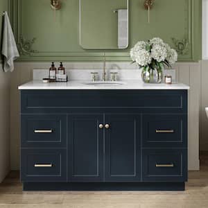 Hamlet 55 in. W x 22 in. D x 35.25 in. H Freestanding Bath Vanity in Midnight Blue with White Marble Top