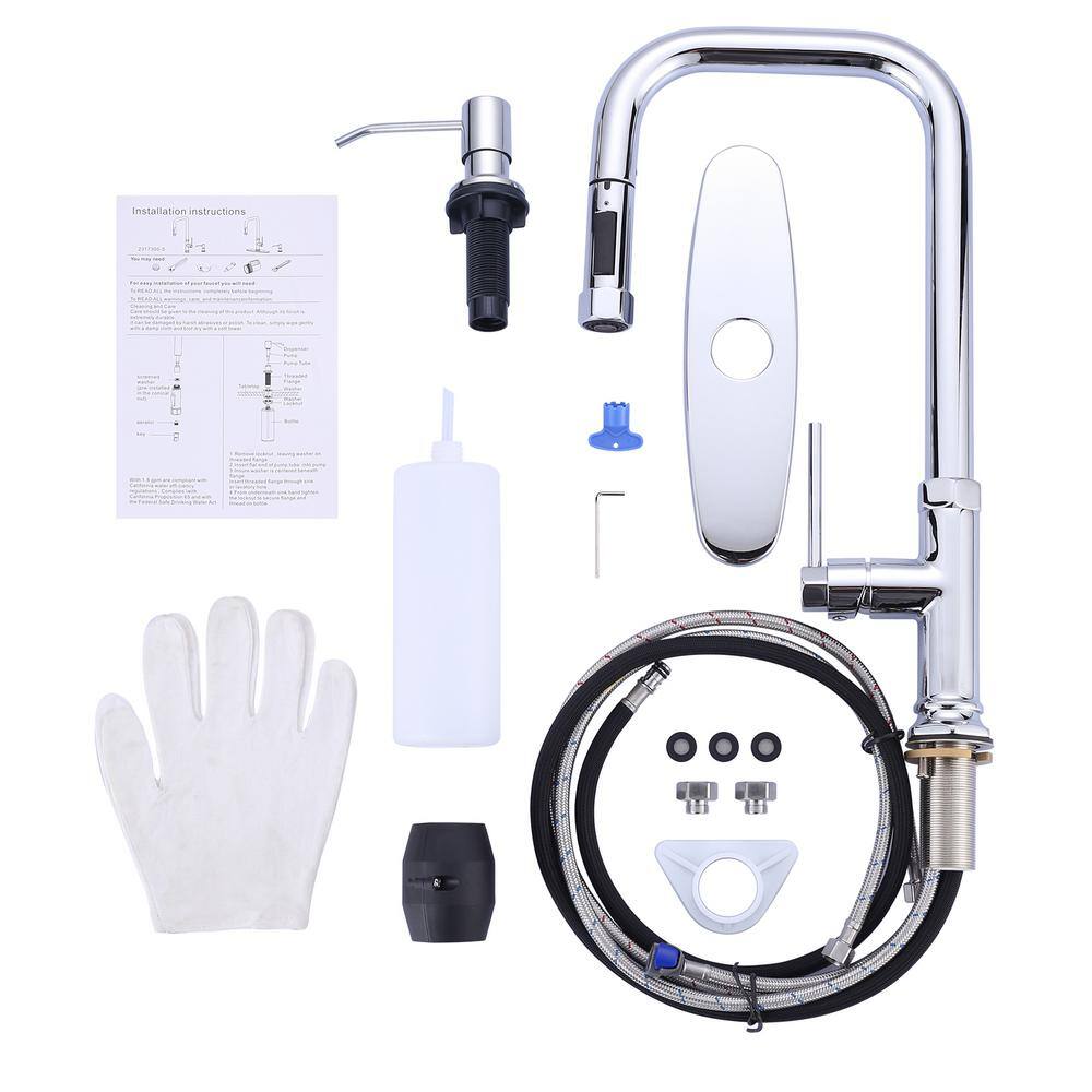 Chrome Single Handle Pull-Out Kitchen Faucet with Soap Dispenser