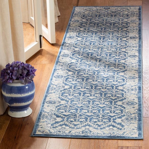Brentwood 2 ft. x 14 ft. Navy/Light Gray Border Multi-Floral Geometric Runner Rug
