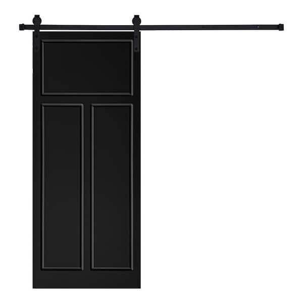 AIOPOP HOME Modern 3 Panel Designed 96 in. x 32 in. MDF Panel Black Painted Sliding Barn Door with Hardware Kit