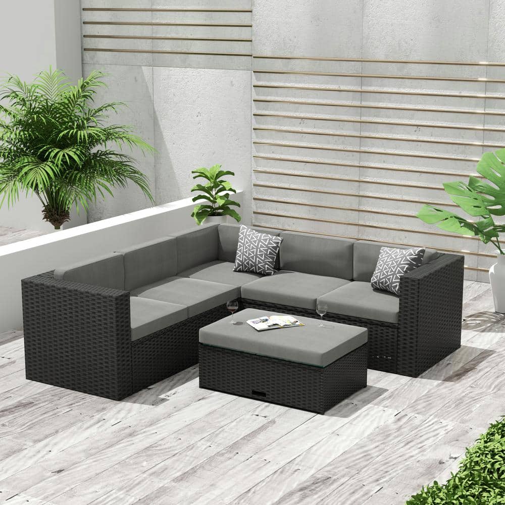 Kaison 6-Person Black and Gray Steel Outdoor Sectional Set with Storage Ottoman