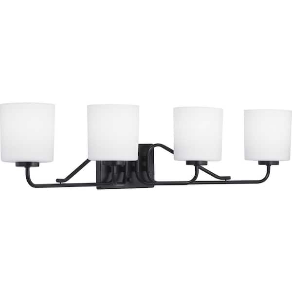 Progress Lighting Tobin Collection 4-Light Matte Black Etched White Glass Modern Bath Vanity Light