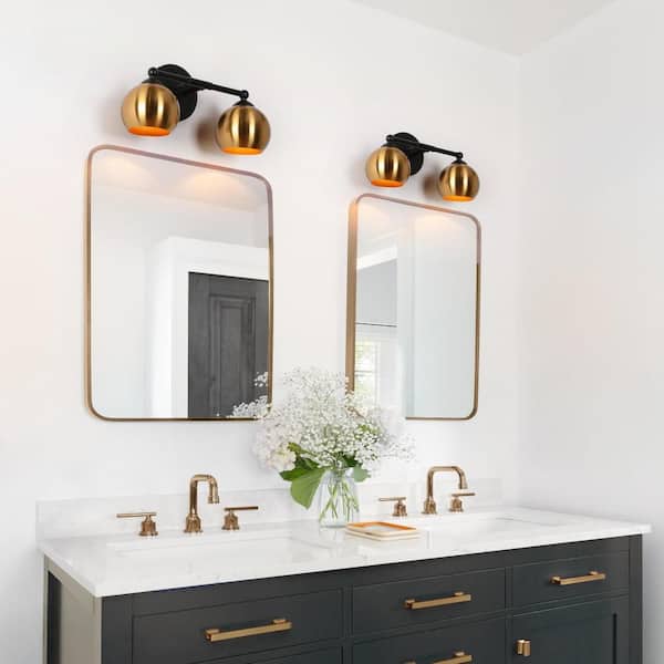 Transitional 14.5 in. 2-Light Brass-Plated Bathroom Vanity Light, Industrial Black Wall Sconce with Globe Metal Shade