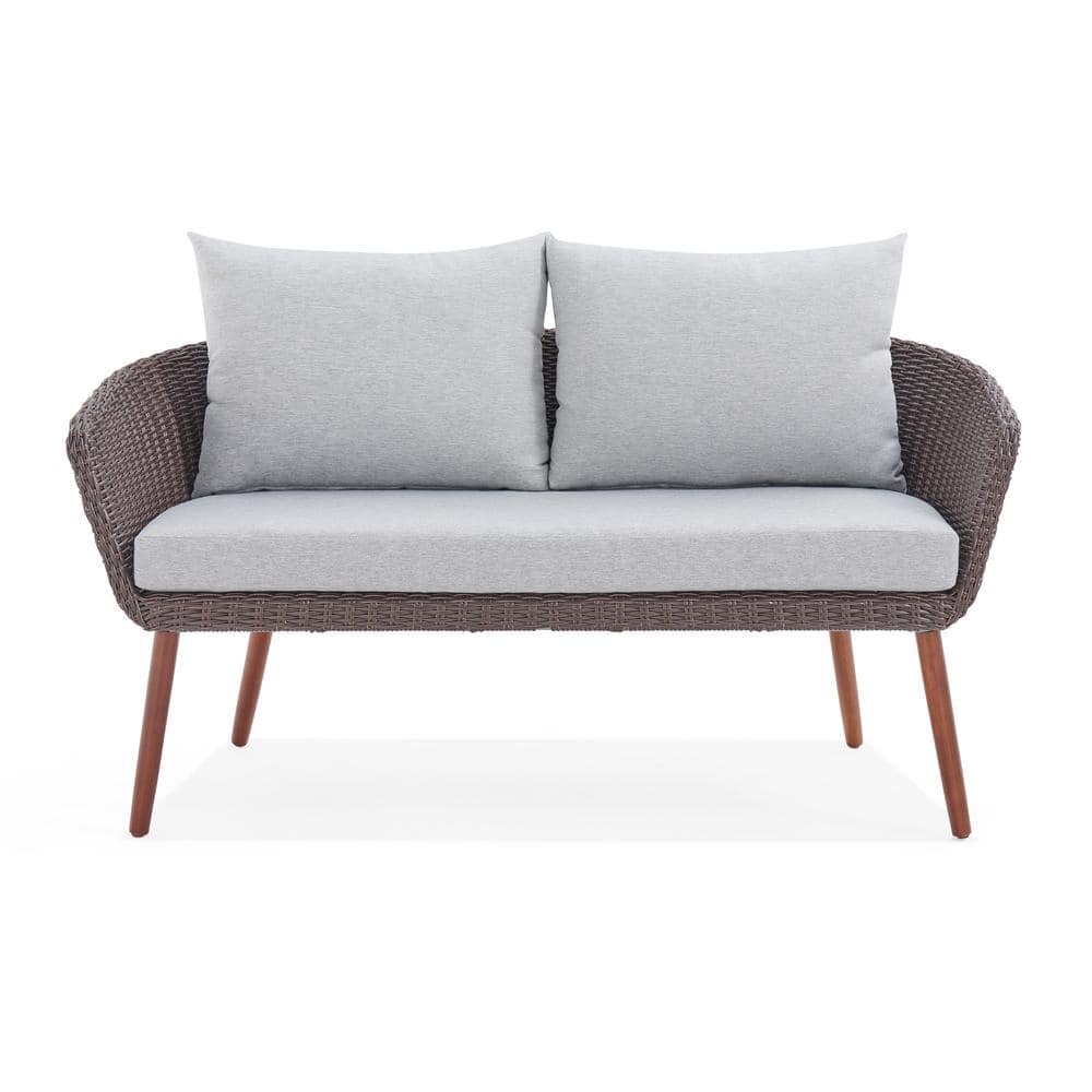 Removable Cushion All-Weather Wicker Outdoor Brown Bench with Light Gray Cu