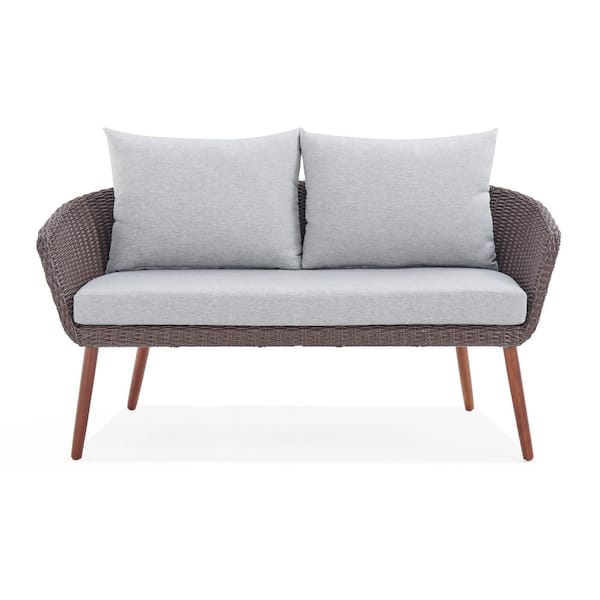 Unbranded Removable Cushion All-Weather Wicker Outdoor Brown Bench with Light Gray Cushions (2-Seat)
