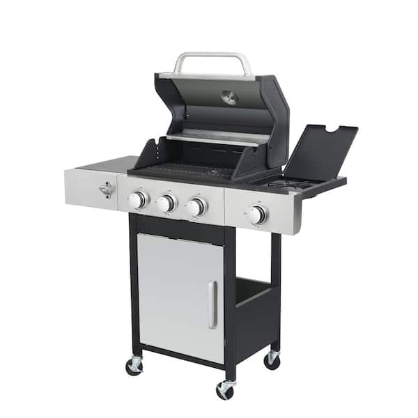 3-Burner Portable Propane Gas Grill in Stainless Steel with Side Burner and Condiment Rack, and Built-in Thermometer