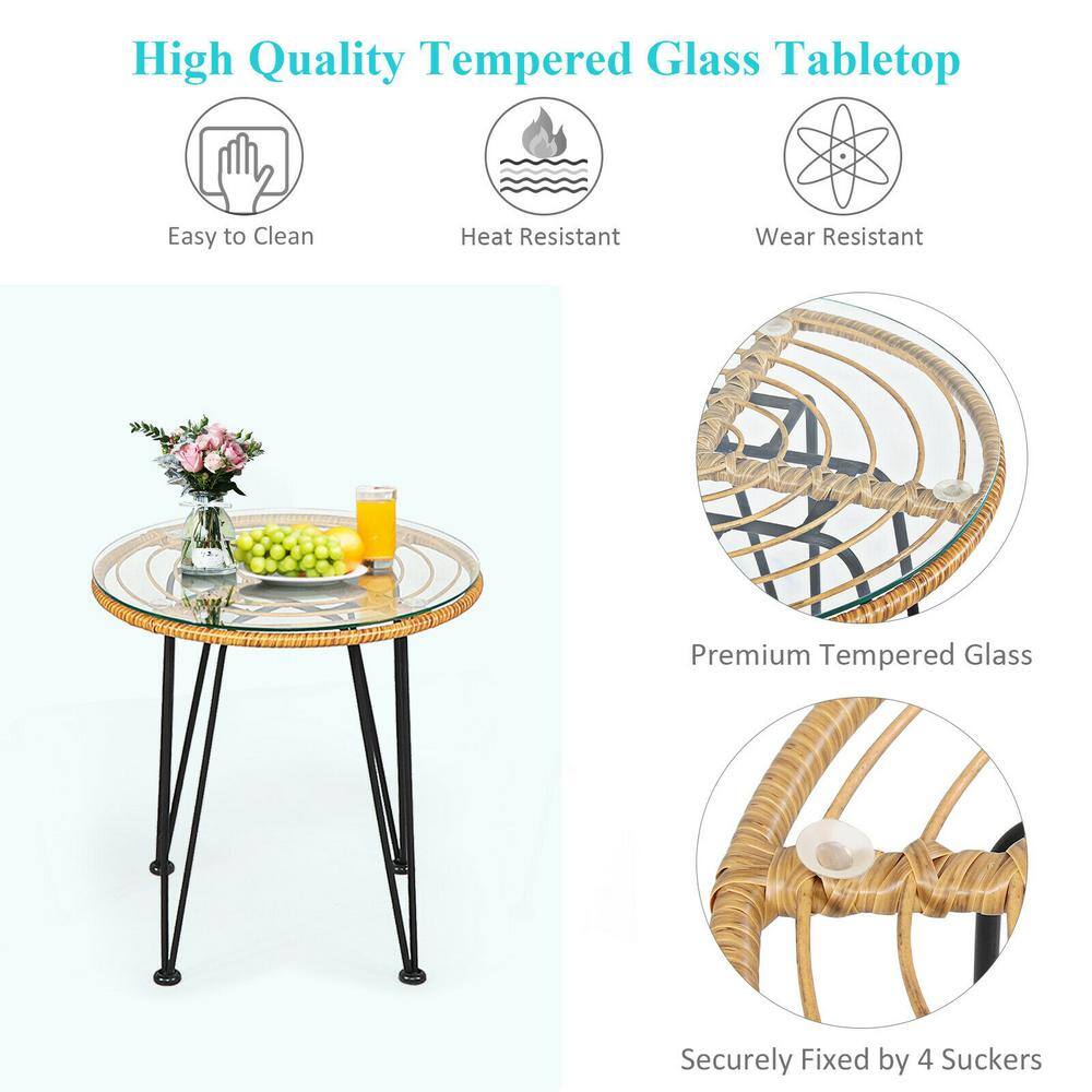 Turquoise Cushioned Rattan Armchair Set with Glass Table