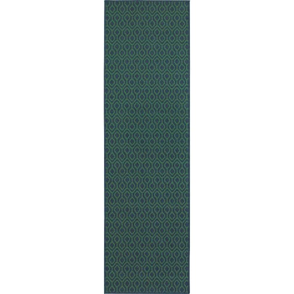 Waves Navy Green 2 ft. x 8 ft. Indoor/Outdoor Patio Runner Rug