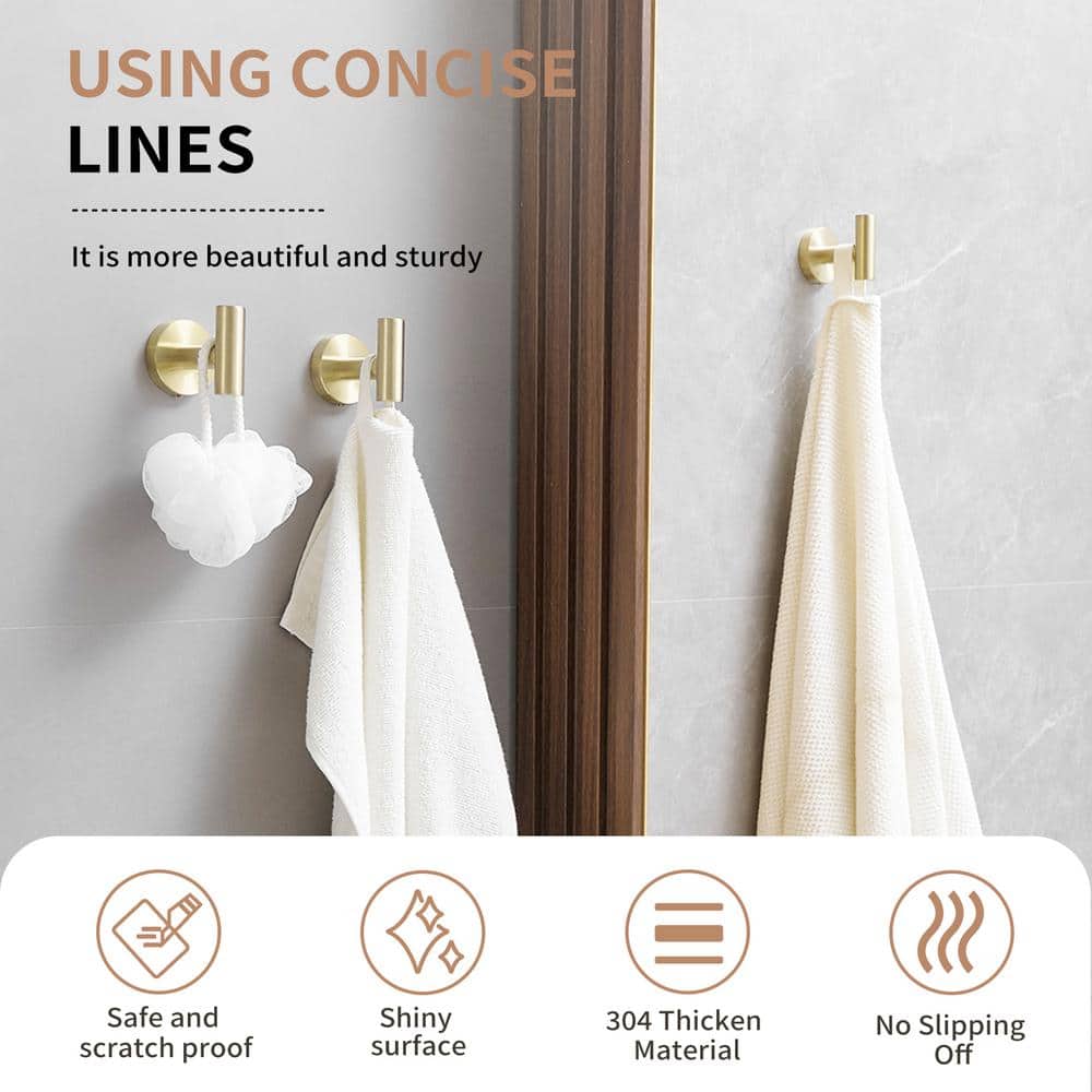 Brushed Gold Stainless Steel J-Hook Wall Mounted Towel Hooks, 4-Pack