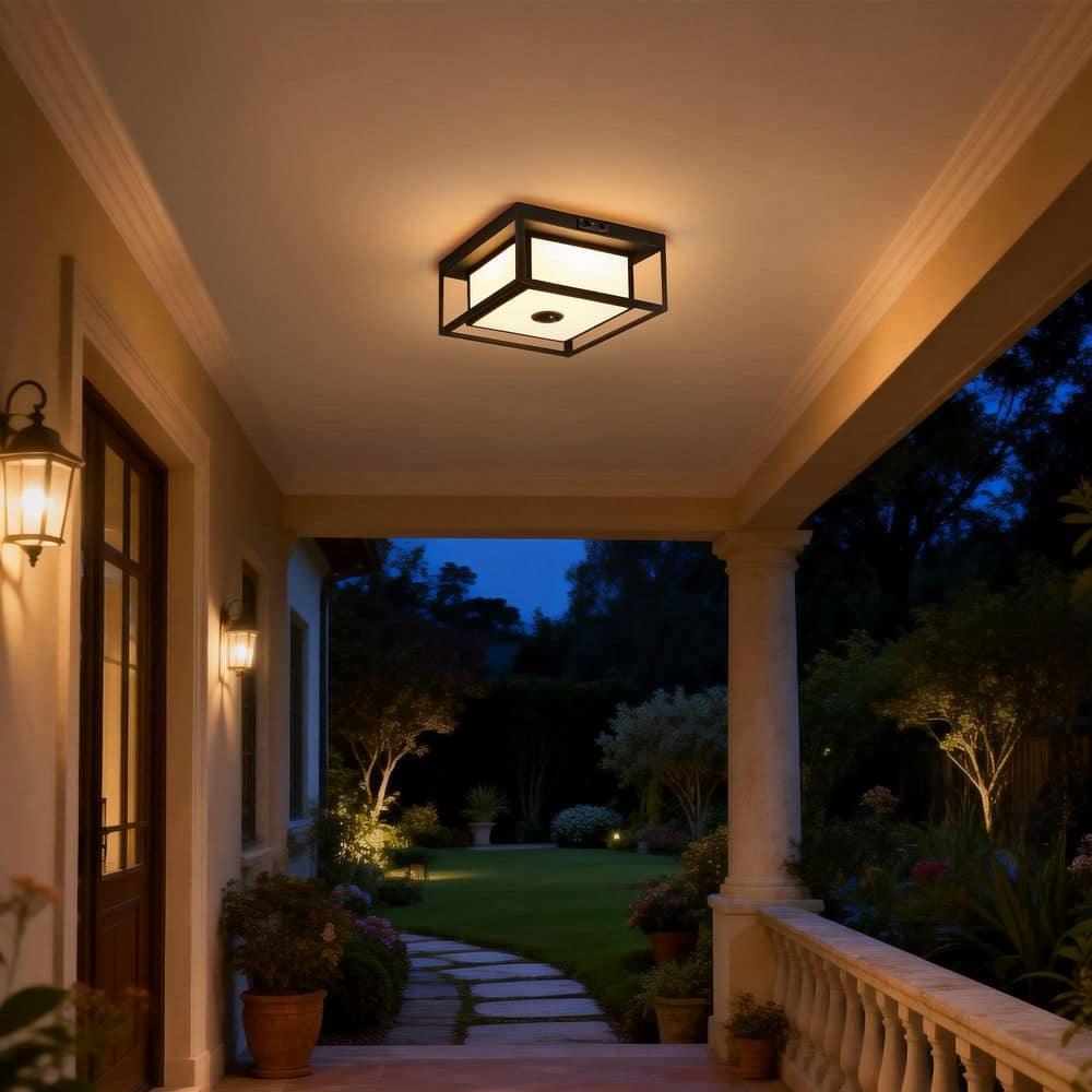 10.5 in. Black Wet Rated Motion Sensing Dusk to Dawn Non-Dimmable 3000K 700LM LED Outdoor Flush Mount Ceiling Light price history on PriceWatchPro