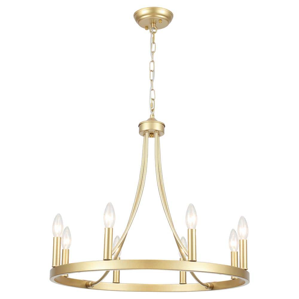 8-Light Gold Modern Adjustable Height Light Fixture Wagon Wheel Chandelier