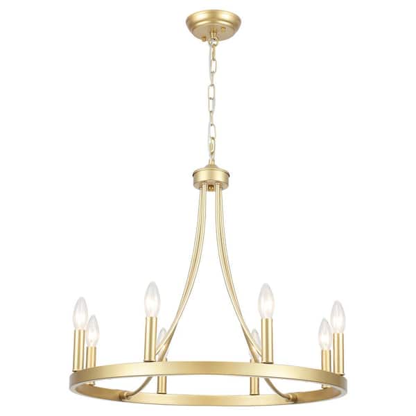 8-Light Gold Modern Adjustable Height Light Fixture Wagon Wheel Chandelier