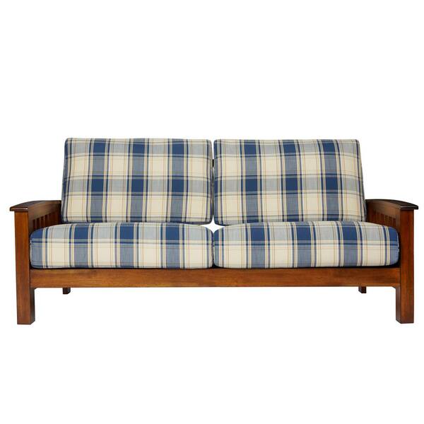 Handy Living Omaha Mission Style Sofa with Exposed Wood Frame in Blue Plaid