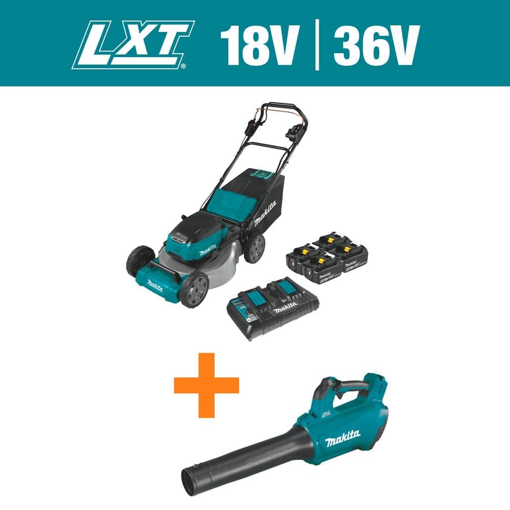 Makita 18V X2(36V) LXT Lithium-Ion Cordless 21 in. Walk Behind Lawn Mower  Kit w/4 Batteries 5.0Ah with 18V Blower