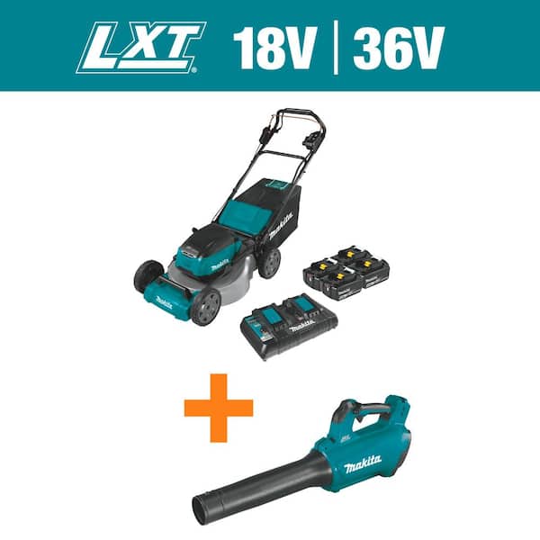 Makita 18V X2(36V) LXT Lithium-Ion Cordless 21 in. Walk Behind Lawn Mower Kit w/4 Batteries 5.0Ah with 18V Blower, Tool Only