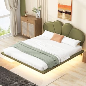 Floating Green Wood Frame Queen Size PU Leather Upholstered Platform Bed with Under-Bed LED Light, Scalloped Headboard