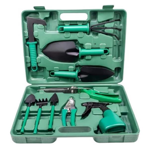 Misopily 10-Piece Garden Tool Set Hand Gardening Tools Kit Green Non-Slip Handles with Green Case