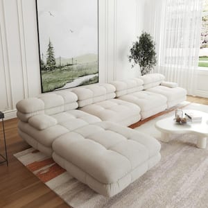 146.4 in. Square Arm Teddy Velvet L-shape Deep Seat Modular Sofa with Movable Ottoman in. Beige
