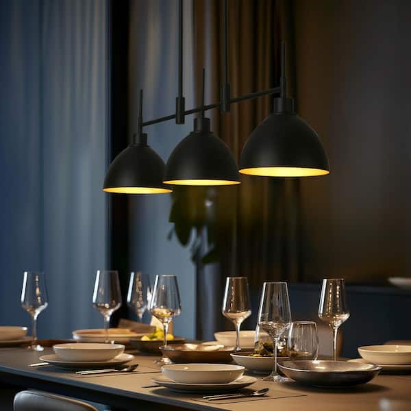 Modern Industrial 33.3 in. 3 Light Dining Room Chandelier with Metal Shade, Black and Gold Pendant Billiard Light