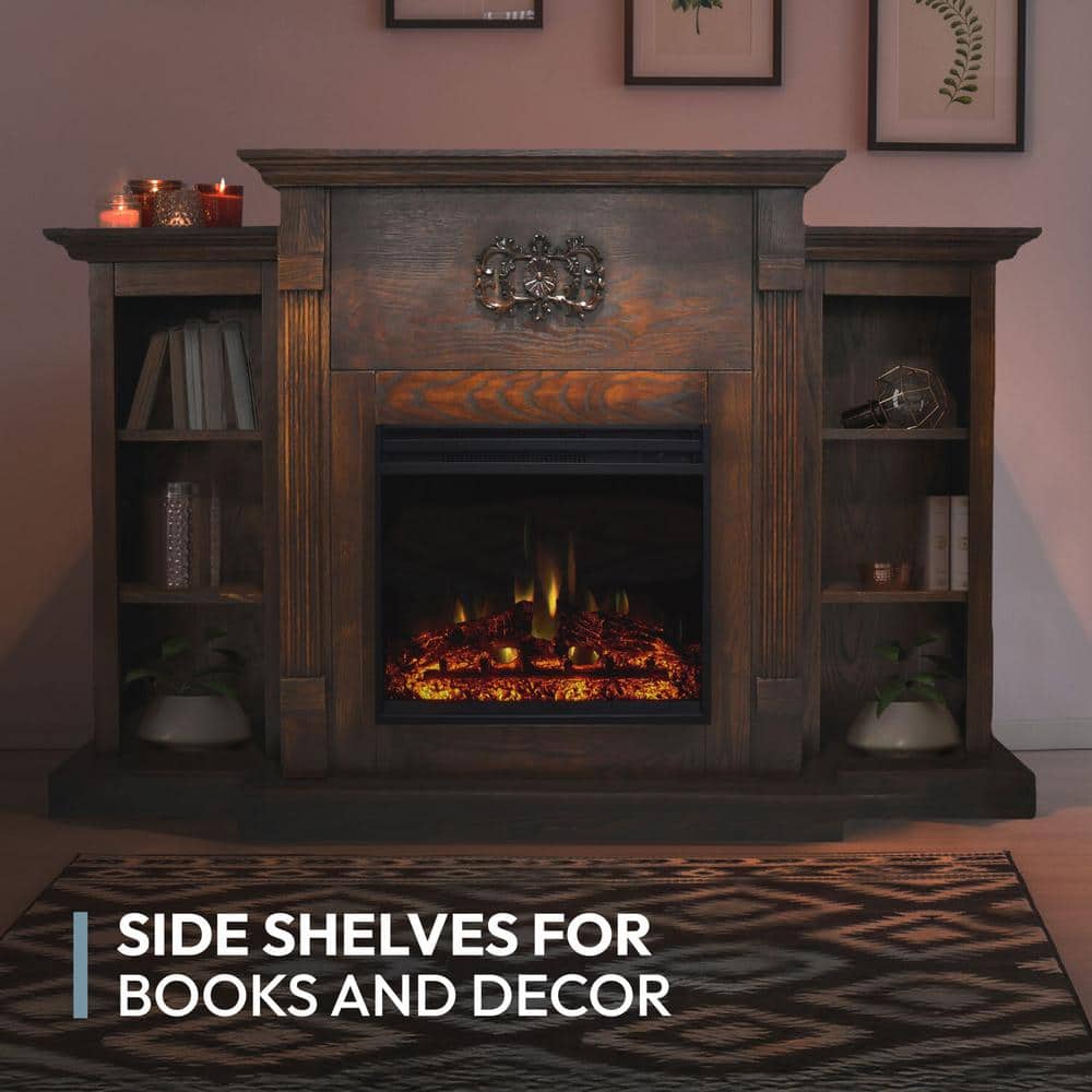 Sanoma 72'' Walnut Electric Fireplace with Mantel and Bookshelves