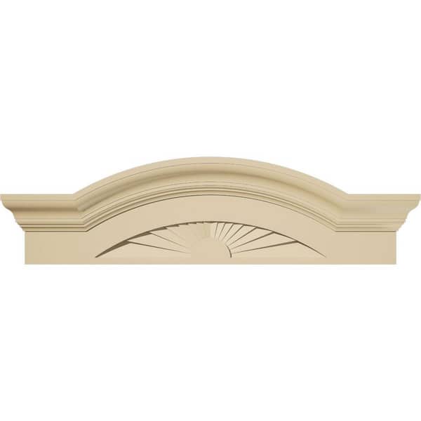 Ekena Millwork 28-in. W x 8-in. H x 2-1/2-in. P Segment Arch W/Flankers Sunburst Signature Urethane Pediment, Primed Tan