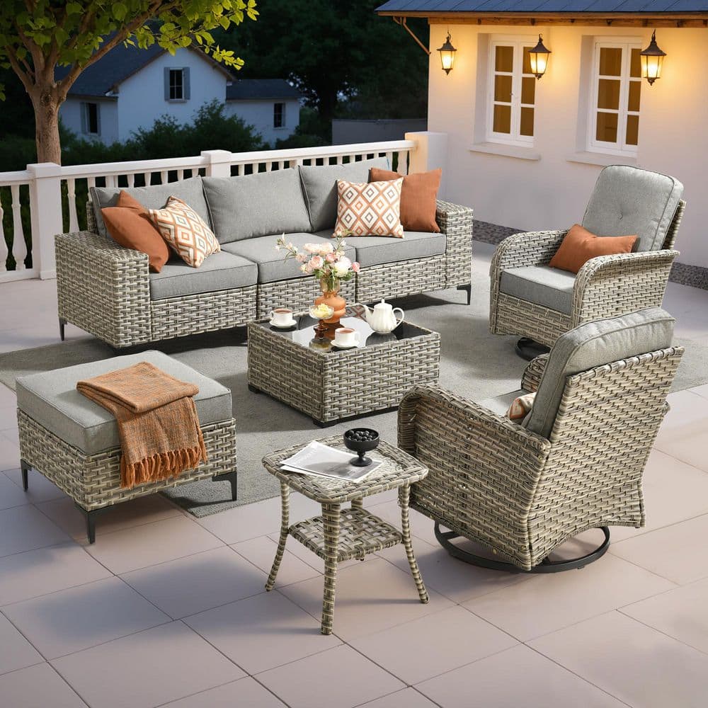 Vanessa 8-Piece Wicker Patio Conversation Seating Sofa Set with Dark Gray Cushions and Swivel Rocking Chairs