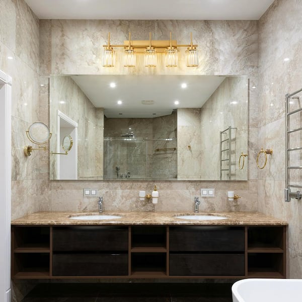 Orillia 34.64 in. 5-Light Modern Industrial Gold Bathroom Vanity Light with Crystal Cylinder Shades