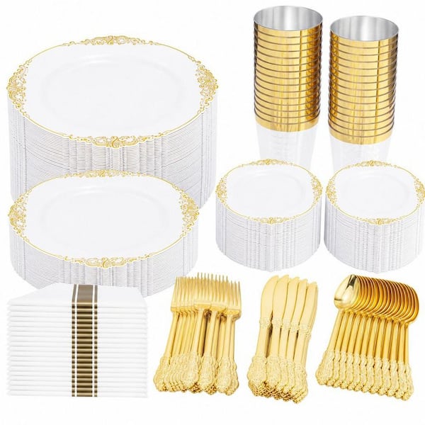 350-Piece Gold Plastic Dinnerware Sets for 50 Guests with 100 Disposable Plates, 150 Silverware, 50 Cups, 50 Napkins
