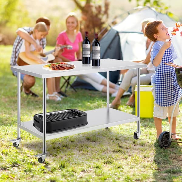 Stainless Steel Work Table Silver Kitchen Prep Table 30 x 60 x 38 In, with 4 Wheels, 3 Adjustable Height Levels