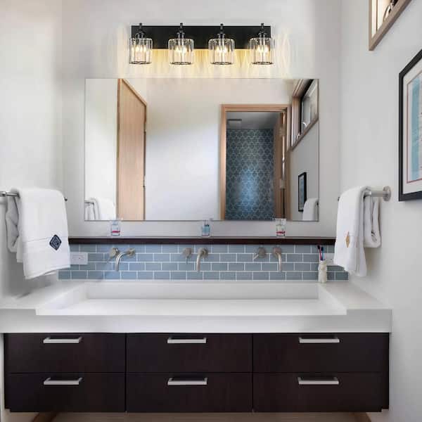 Orillia 28 in. 4-Light Black Bathroom Vanity Light with Crystal Shade Wall Sconce Over Mirror