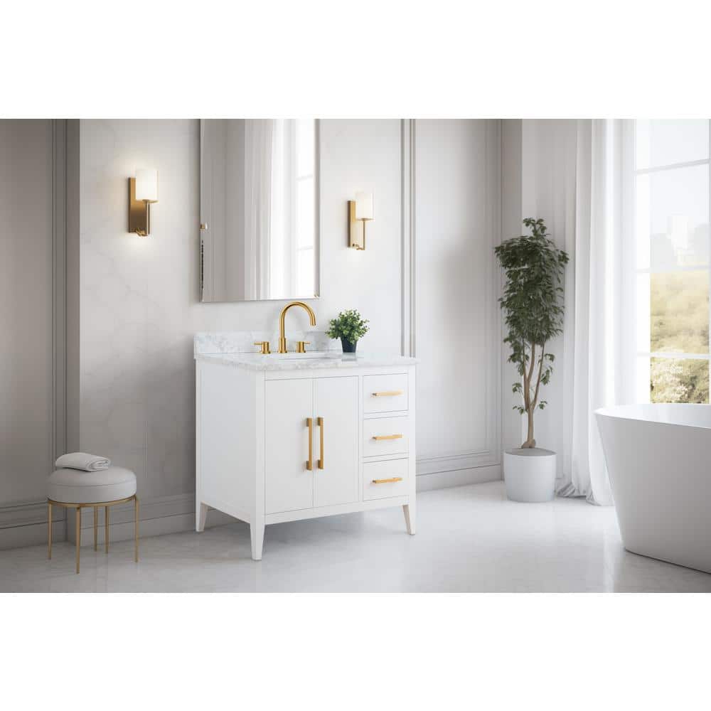White and Gold 36" Single Bathroom Vanity with Ceramic Sink
