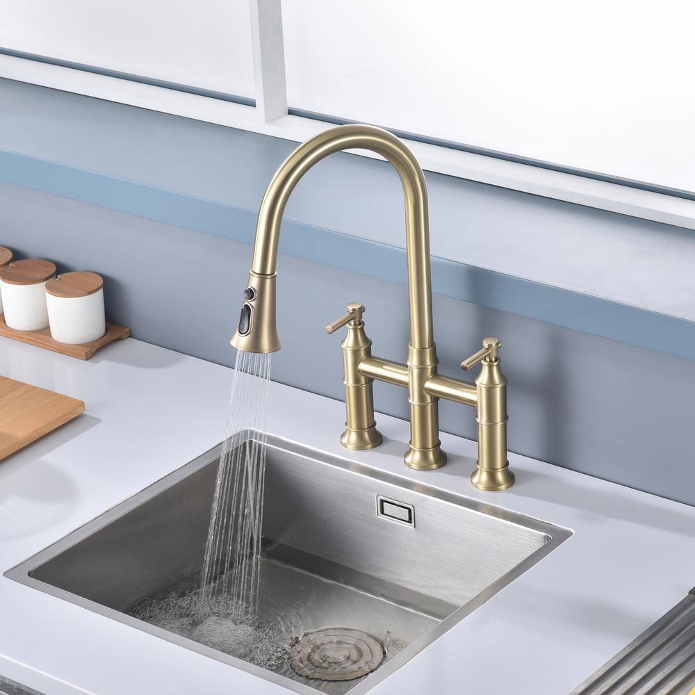 Brushed Gold Stainless Steel Bridge Kitchen Faucet with Pull-Out Spray