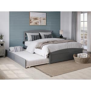 Warren 53-1/2 in. W Grey Full Wood Frame with Twin Pull Out Trundle Bed Footboard and USB Charger Platform Bed