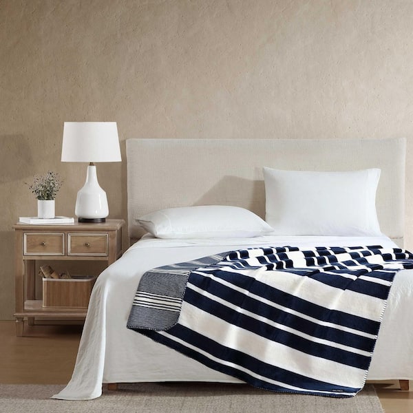 Varadero Stripe 1-Piece Captain Blue/Cream Blue/Cream Reversible Ultra Soft Plush Fleece 50 in. x 70 in. Throw Blanket