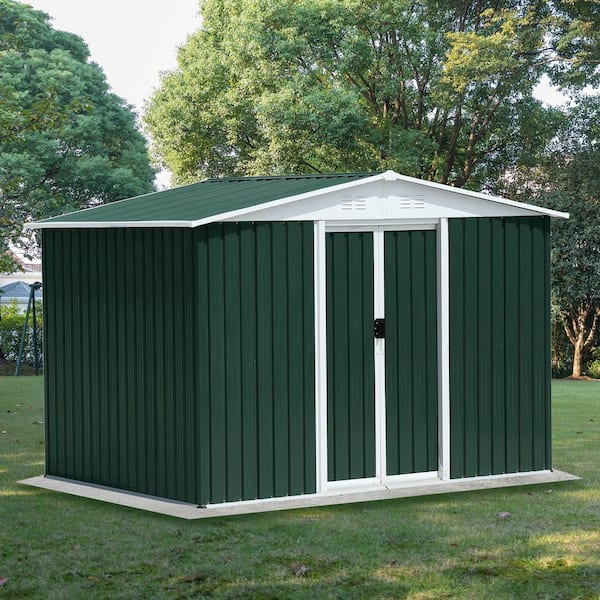 Green 8 ft. W x 6 ft. D Metal Apex Roof Shed with Sliding Door (48