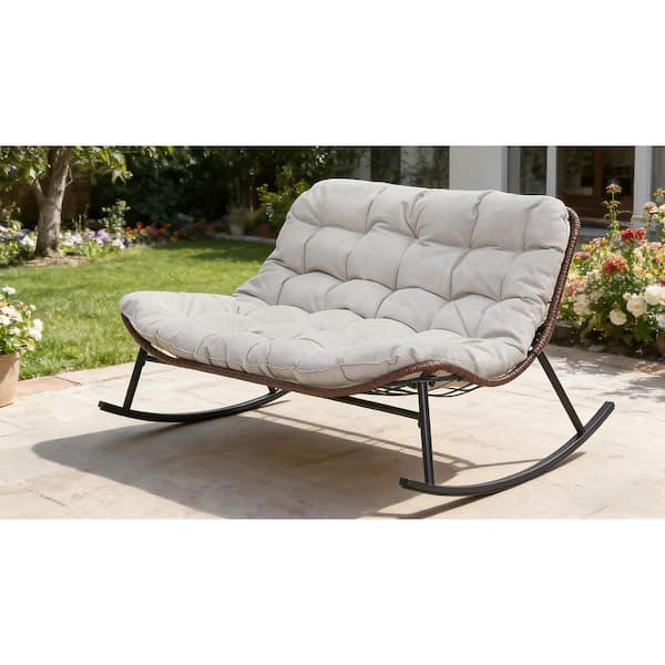 50.8 in. W Beige Double Wide Rocking Papasan Chair Acacia Wood Steel Frame Oversized Outdoor Rocker for Patio