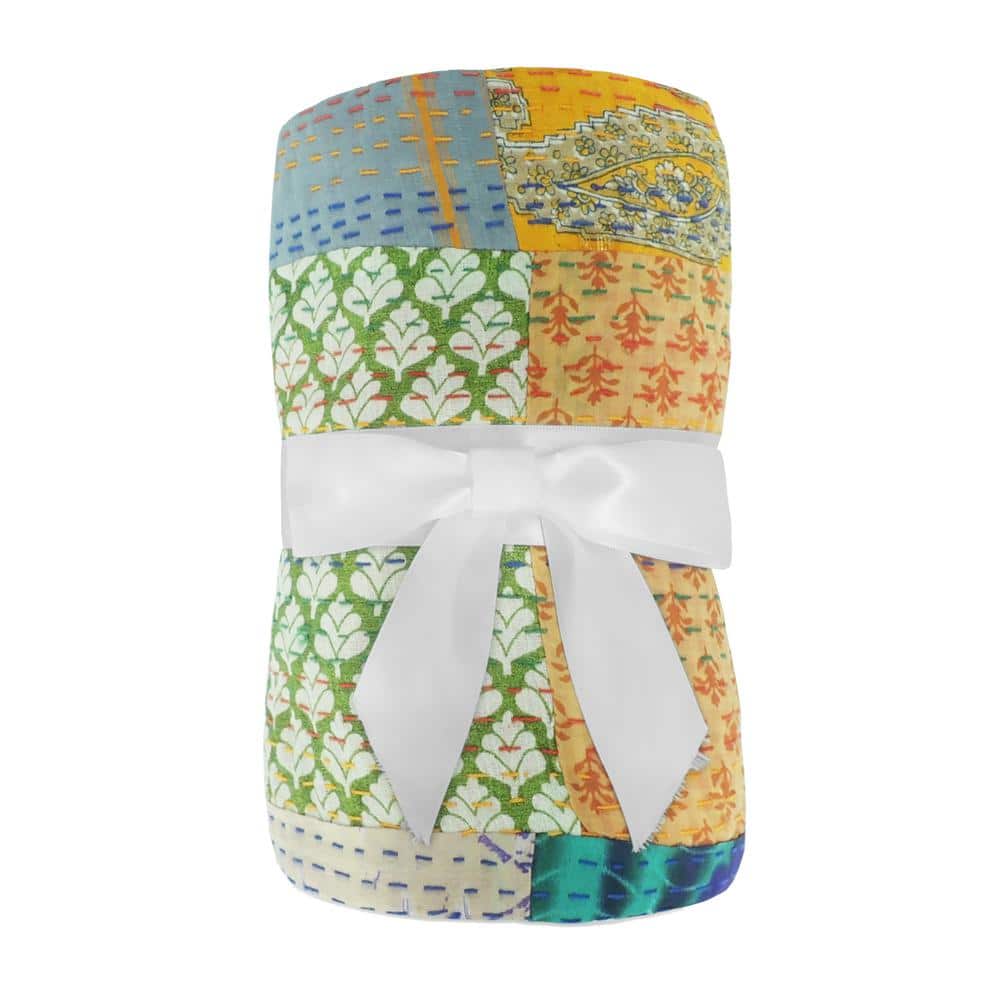 Multicolor Cotton and Silk Patchwork Throw Blanket
